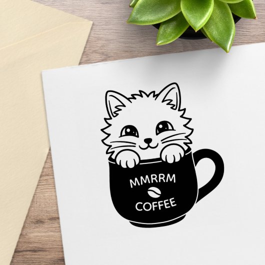 Cute Cartoon Cat in Coffee Mug Custom Text ラバースタンプ