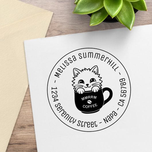 Cute Cartoon Cat in Coffee Mug Round Address ラバースタンプ