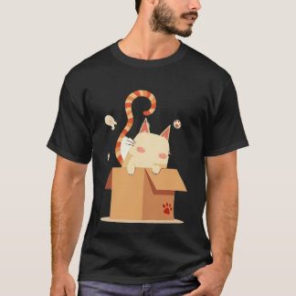 Cute Cartoon Cat Peeking Out of Cardboard Box Tシャツ