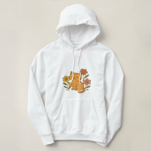 Cute Cartoon Cat Playing with Flowers Hoodie Desig パーカ (デザイン正面)