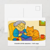 Cute Cartoon Cat Resting on Knitting Grandma ポストカード (正面/裏面)