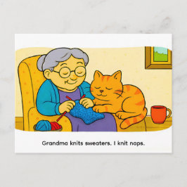 Cute Cartoon Cat Resting on Knitting Grandma ポストカード