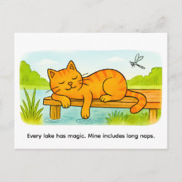 Cute Cartoon Cat Resting on Wooden Dock ポストカード