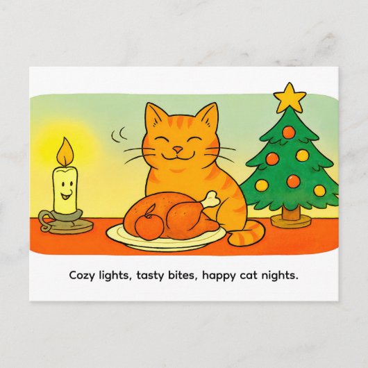 Cute Cartoon Cat Sitting by Christmas Candle ポストカード (正面)