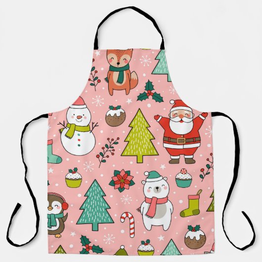 Cute cartoon character, pine trees and christmas e エプロン (正面)