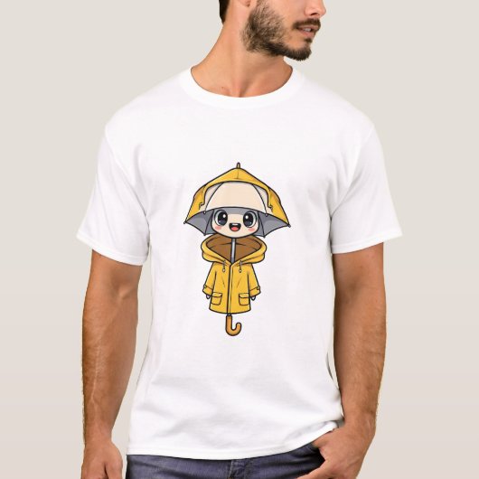Cute Cartoon Character Wearing Yellow Raincoat Tシャツ (正面)