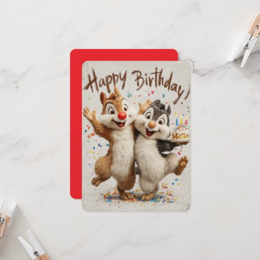 Cute Cartoon Chipmunks Happy Birthday Card  (正面/裏面インサイチュ)