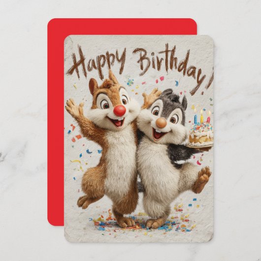 Cute Cartoon Chipmunks Happy Birthday Card  (正面/裏面)