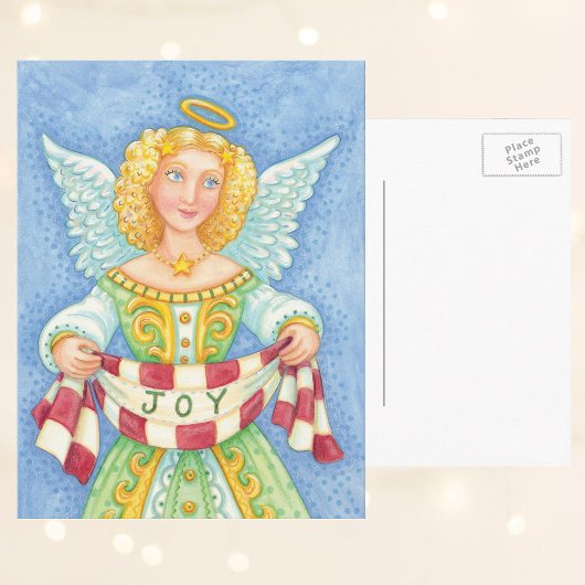 Cute Cartoon Christmas Angel Halo with Joy Banner シーズンポストカード