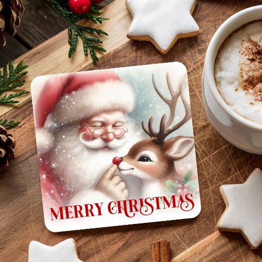 Cute Cartoon Christmas Coasters Santa and Rudolph スクエアペーパーコースター