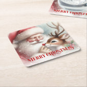 Cute Cartoon Christmas Coasters Santa and Rudolph スクエアペーパーコースター (アングル)