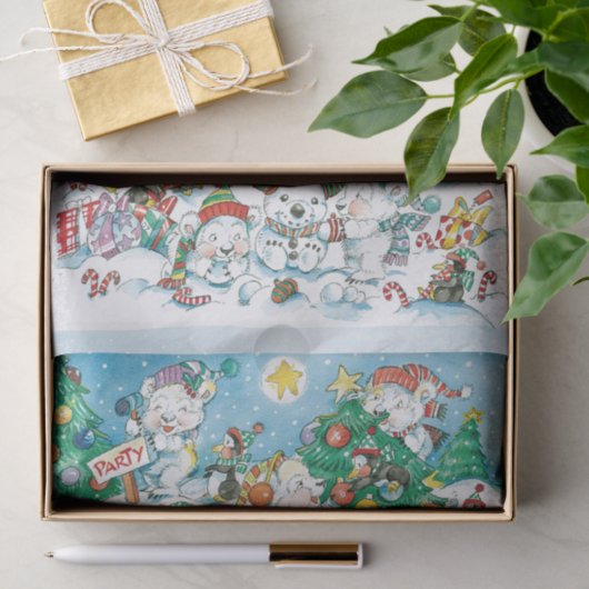 Cute Cartoon Christmas Polar Bear Penguin Party 薄葉紙 (ギフト)