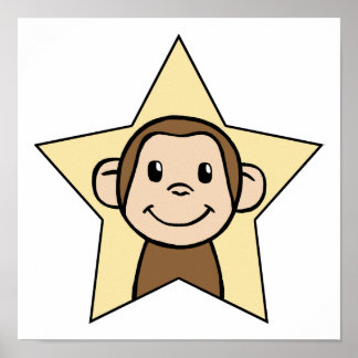 Cute Cartoon Clip Art Monkey with Grin Smile Star ポスター