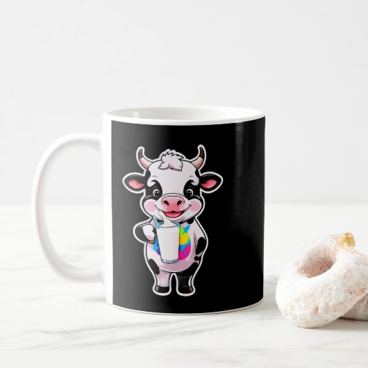 Cute Cartoon Cow Drinking Milk From Glass コーヒーマグカップ (ドーナツ)