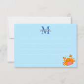 Cute Cartoon Crab Blue Ocean Lined Monogram ノートカード (正面)