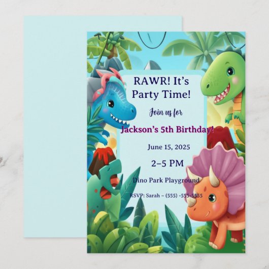 Cute Cartoon Dinosaur "RAWR! It's Party Time!" Boy 招待状 (正面/裏面)