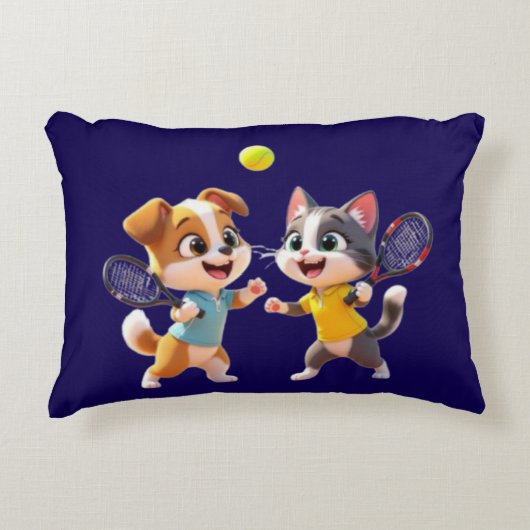 Cute Cartoon Dog and Cat Playing Padel Tennis – Fu アクセントクッション (正面)