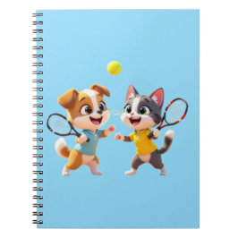 Cute Cartoon Dog and Cat Playing Padel Tennis – Fu ノートブック