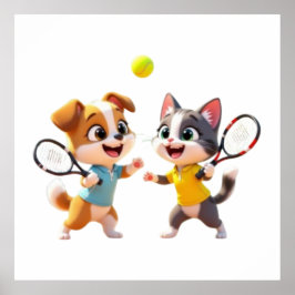 Cute Cartoon Dog and Cat Playing Padel Tennis – Fu ポスター