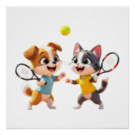 Cute Cartoon Dog and Cat Playing Padel Tennis – Fu ポスター