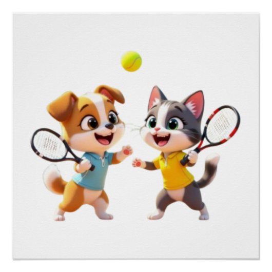 Cute Cartoon Dog and Cat Playing Padel Tennis – Fu ポスター (正面)