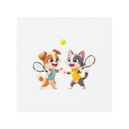 Cute Cartoon Dog and Cat Playing Padel Tennis – Fu メタルプリント