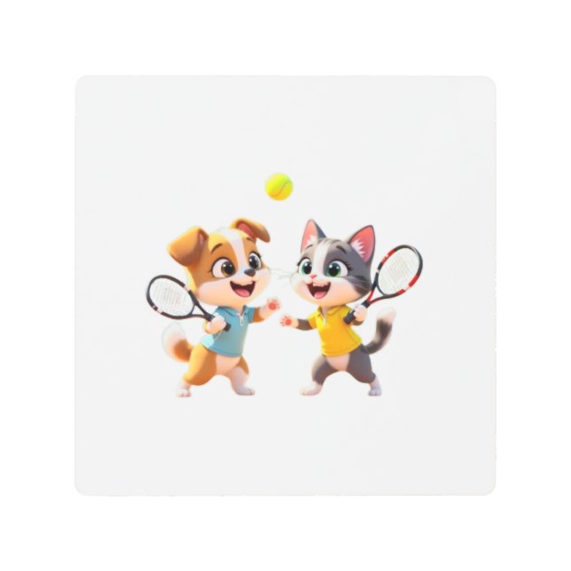 Cute Cartoon Dog and Cat Playing Padel Tennis – Fu メタルプリント (正面)