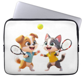 Cute Cartoon Dog and Cat Playing Padel Tennis – Fu ラップトップスリーブ