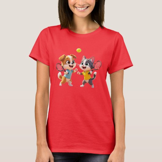 Cute Cartoon Dog and Cat Playing Padel Tennis – Fu Tシャツ (正面)
