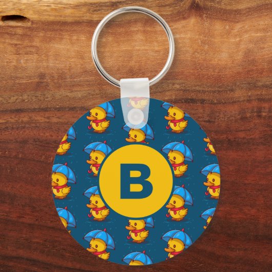 Cute Cartoon Ducks Under Umbrellas Monogram キーホルダー (正面)