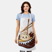 Cute Cartoon Dumpling Surfing on a Soy Sauce Wave エプロン (着用した状態)