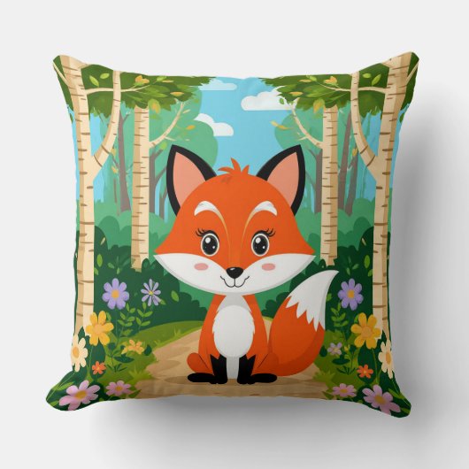 Cute Cartoon Fox Sitting On Forest Path クッション (正面)