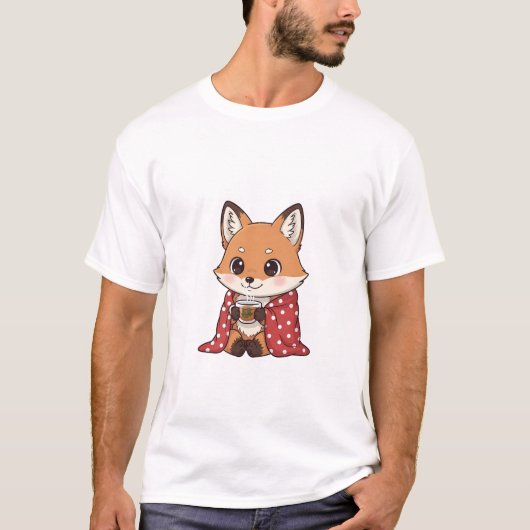 Cute Cartoon Fox Wrapped in Red Polka Dot Blanket  Tシャツ (正面)