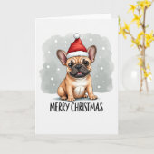 Cute Cartoon French Bulldog in Santa Hat Christmas カード (黄色い花)