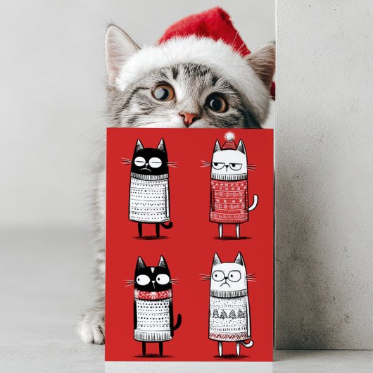 Cute Cartoon Funny Cats Lover Red Meowy Christmas  シーズンカード