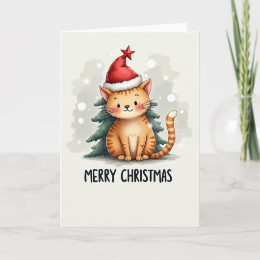 Cute Cartoon Ginger Cat in Santa Hat Christmas Car カード (正面)
