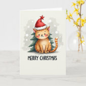 Cute Cartoon Ginger Cat in Santa Hat Christmas Car カード (黄色い花)
