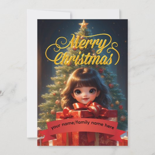 Cute Cartoon Girl Custom Red Ribbon Christmas Card (正面)