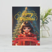 Cute Cartoon Girl Custom Red Ribbon Christmas Card (スタンド正面)