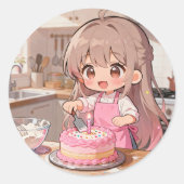 Cute Cartoon Girl Making a Cake ラウンドシール (正面)