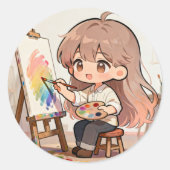 Cute Cartoon Girl Painting  ラウンドシール (正面)