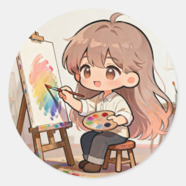 Cute Cartoon Girl Painting  ラウンドシール