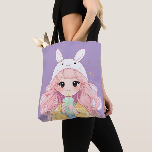 Cute Cartoon Girl White Bunny Hat Tote Bag トートバッグ (クローズアップ)