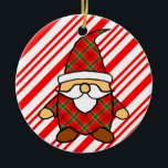 Cute Cartoon Gnome Candy Cane Drawing セラミックオーナメント<br><div class="desc">A cute cartoon style gnome dressed in green and red plaid pattern.
Christmas themed design for your holidays.
Candy cane version.
Gift idea for adults and kids.</div>
