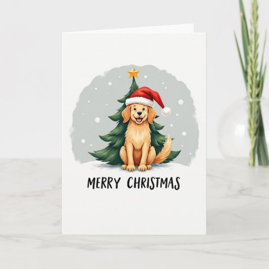 Cute Cartoon Golden Retriever in Santa Hat カード (正面)