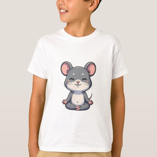 Cute Cartoon Grey Mouse Meditating in Lotus Pose Tシャツ (正面)