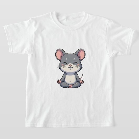 Cute Cartoon Grey Mouse Meditating in Lotus Pose Tシャツ (レイダウン)