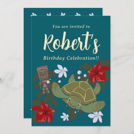 Cute Cartoon Hawaii Sea Turtle Birthday Invitation 招待状 (正面/裏面)