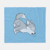 Cute Cartoon Howling Wolf Pup Blue フリースブランケット (正面(横))