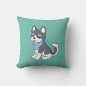 Cute Cartoon Husky Puppy Dog on Green クッション (正面)